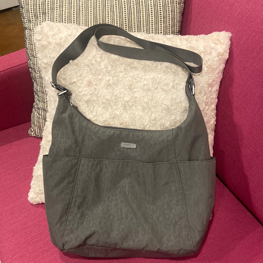 Baggallini gray cross body, water resistant bag